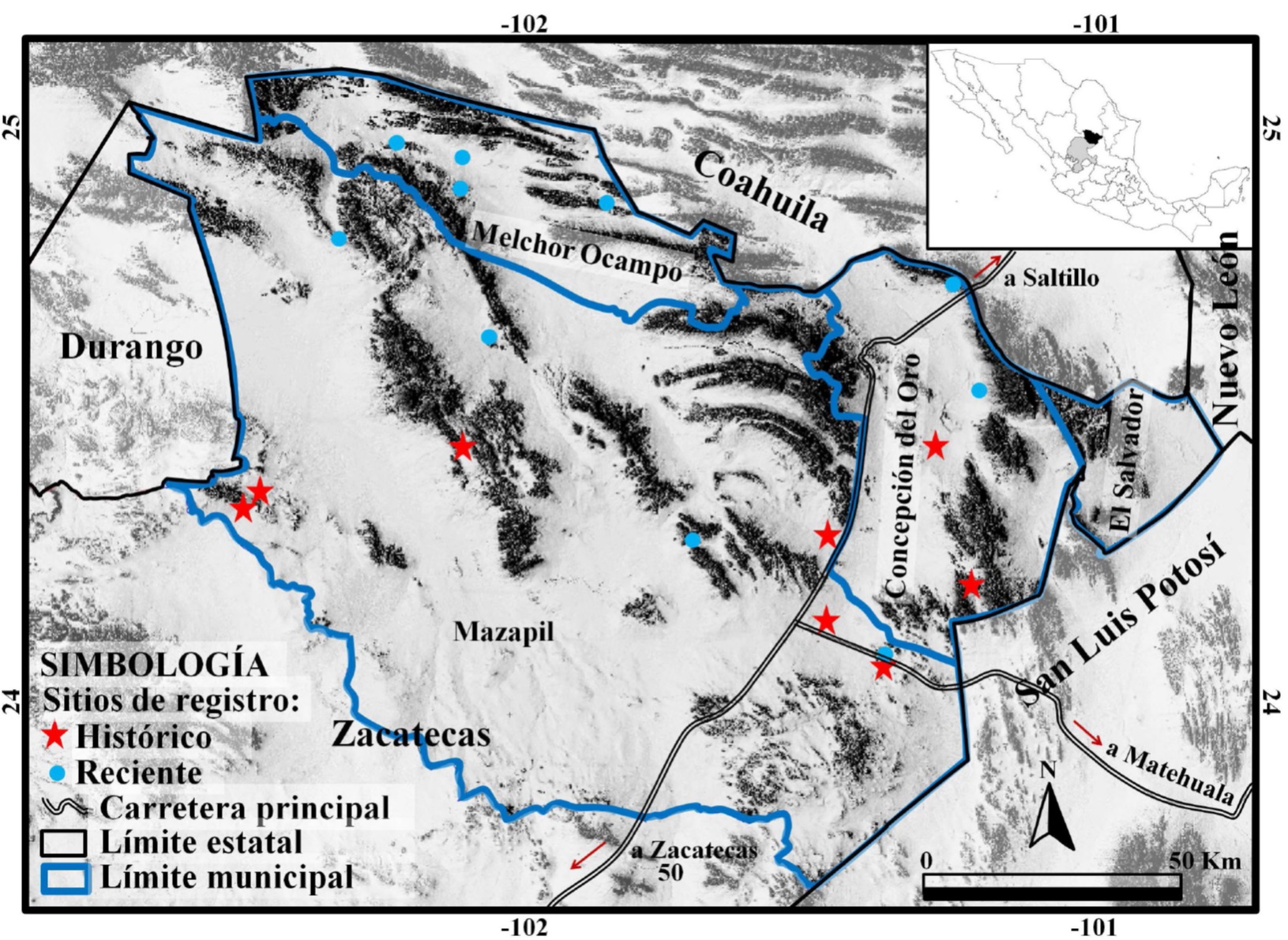 &Aacute;rea de estudio donde se muestran los registros de candelilla,
								tanto hist&oacute;ricos como recientes. 