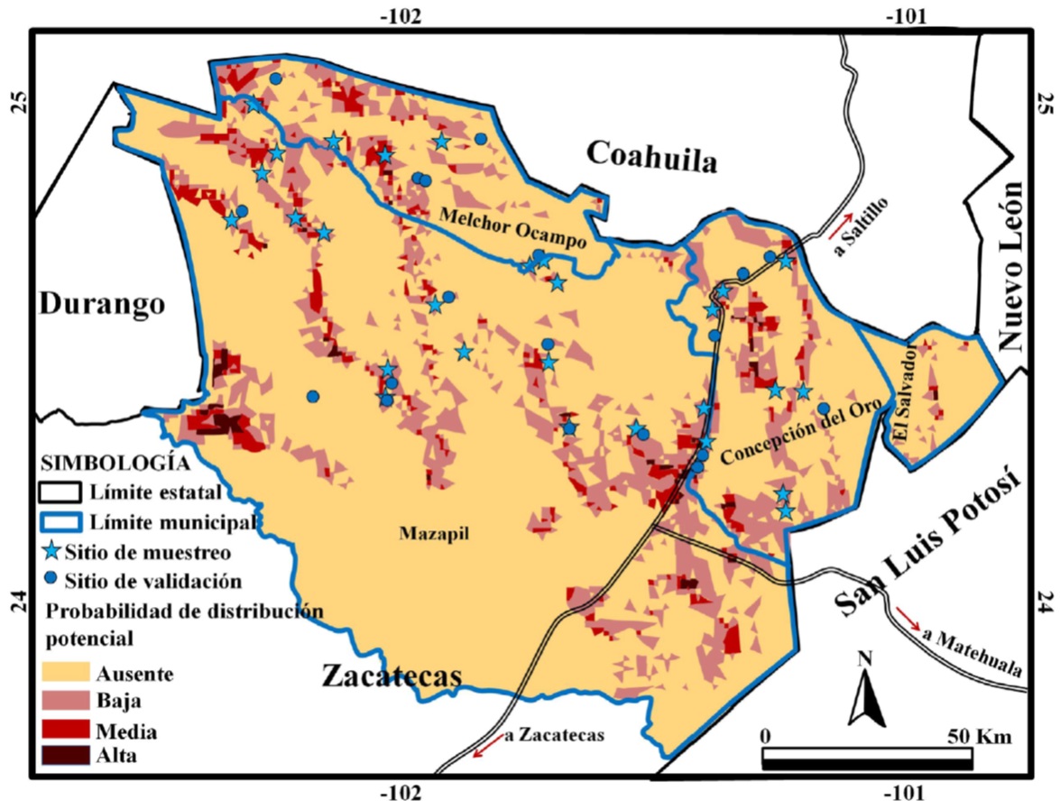 Municipios del norte de Zacatecas donde se muestran cuatro clases de
							probabilidad de distribuci&oacute;n potencial de candelilla. Tambi&eacute;n se
							muestran los 29 sitios de muestreo y los 19 de validaci&oacute;n.