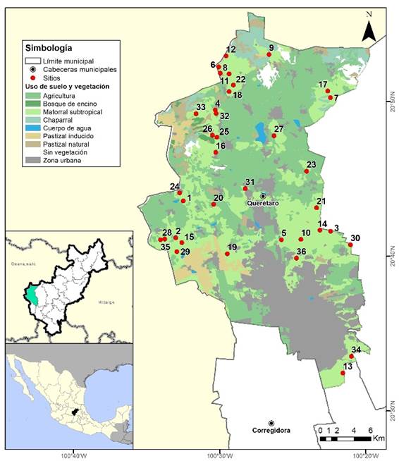 Localizaci&oacute;n de sitio de estudio y puntos de muestreo dentro del
								municipio de Quer&eacute;taro, Qro.