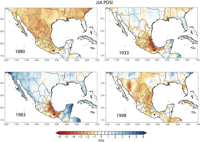 Mapas de sequ&iacute;as generados con el Atlas de sequ&iacute;a para M&eacute;xico
								(MXDA) (Stahle et
										al., 2016). Condiciones de sequ&iacute;as en el sur
								de M&eacute;xico y su coincidencia con los a&ntilde;os m&aacute;s extremos de las sequ&iacute;as
								reconstruidas con Abies guatemalensis en Ixtl&aacute;n de
								Ju&aacute;rez Oaxaca.