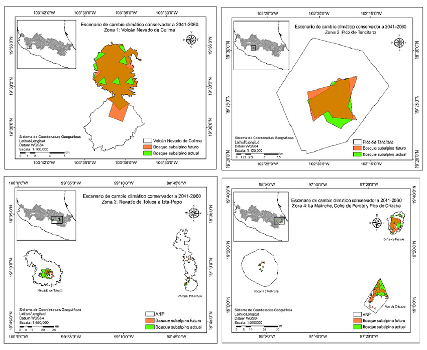 Distribuci&oacute;n actual y futura del escenario conservador (CRNMCM5 RCP 4.5) para el bosque subalpino de Pinus hartwegii Lindl en el Eje Neovolc&aacute;nico Transversal. 