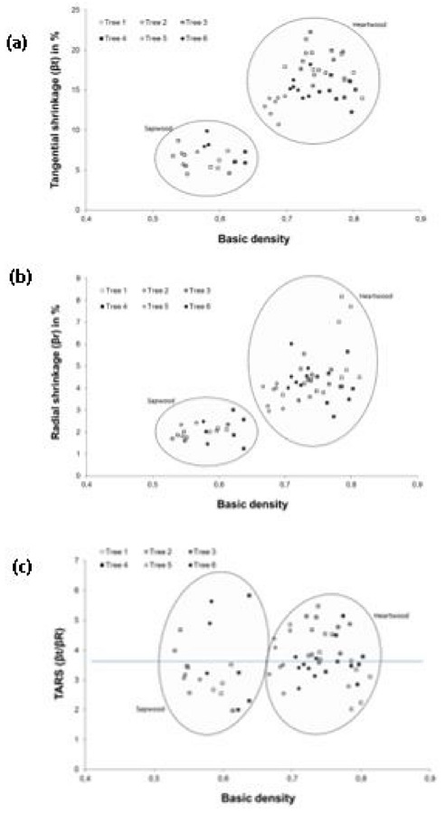 Relationships between basic density (Db) and (a) wood tangential
								shrinkage [βt], (b) radial shrinkage [βr] and (c) the TARS of
								Q. canariensis wood, according to the various
								selected trees.