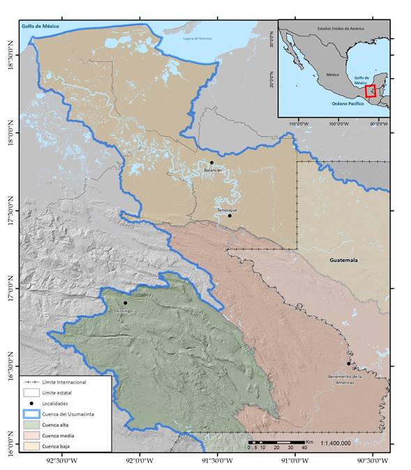 Localizaci&oacute;n geogr&aacute;fica de la cuenca del r&iacute;o Usumacinta. Se muestran las &aacute;reas ocupadas por las cuencas alta, media y baja. Sistema de coordenadas geogr&aacute;ficas WGS84.
