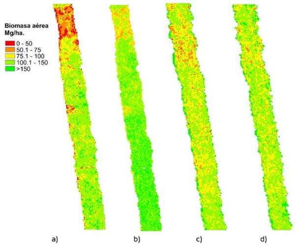 Mapas de biomasa a&eacute;rea usando los datos LiDAR en franjas: a) biomasa a&eacute;rea mediante regresi&oacute;n m&uacute;ltiple y b) mediante RF en la SMSC; c) biomasa a&eacute;rea mediante regresi&oacute;n m&uacute;ltiple y d) mediante Random Forest en la SMSP.