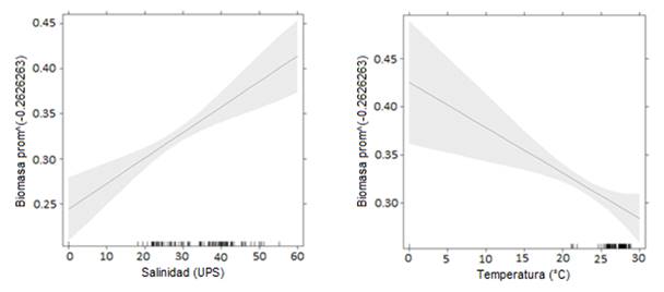Relación de la temperatura y la salinidad intersticiales con la biomasa arbórea.