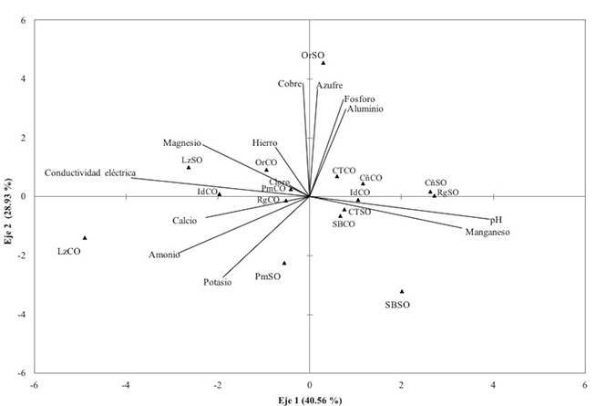 An&aacute;lisis de componentes principales a partir de muestras de suelo tomadas de las localidades de estudio con y sin presencia de O. mexicana (CO y SO, respectivamente).