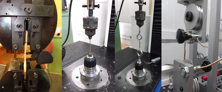 Dispositivos utilizados para sujetar ra&iacute;ces en pruebas de
								tensi&oacute;n. A) Mordazas con dientes. B) Pinzas para broca con lijas
								alrededor de la ra&iacute;z. C) Ganchos con ra&iacute;z enrollada y amarrado con
								ligas. D) Poleas con extremos de ra&iacute;ces sujetos por tornillos
								prensa.