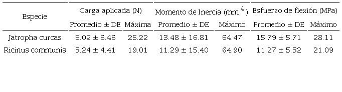 Momentos de inercia y esfuerzos de flexi&oacute;n obtenidos para ra&iacute;ces
								de Ricinus communis y Jatropha
									curcas.