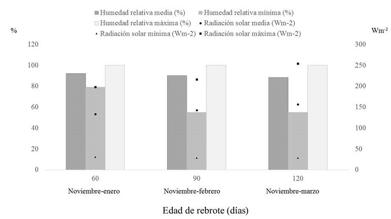 Humedad relativa (%) y radiaci&oacute;n solar (Wm-2) durante el
							per&iacute;odo de estudio considerando la duraci&oacute;n de la edad de
							rebrote.