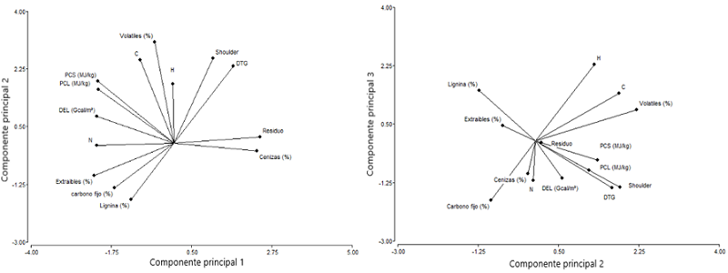 Diagrama de ordenaci&oacute;n de variables originales y scores de las tres primeras componentes principales.