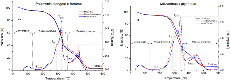 Curvas de TG (A) y DTG (B) de la Paulownia elongata x fortunei
