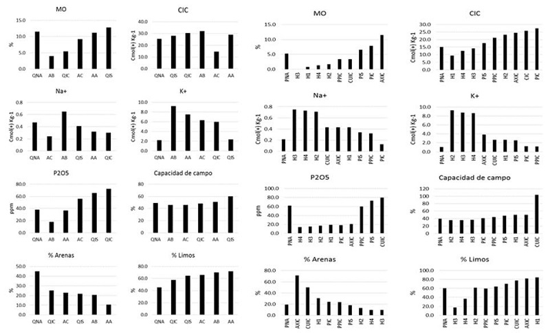 Propiedades f&iacute;sicas y qu&iacute;micas del suelo en dos tipos de vegetaci&oacute;n; Q = Quercus sp. P = Pinus sp.; NA = no afectado; I = incendios; S = superficial; C = copa; AC= &aacute;rbol ca&iacute;do; AA = &aacute;rbol adyacente; AB = &aacute;rbol base; H1 = Horno 0 cm - 5 cm; H2 = Horno 10 cm - 30 cm; H3 = Horno 30 cm - 60 cm; H4 = Horno > 60 cm; AXIC= Arbutus xalapensis copa; PPIC= Pinus-pastizal copa; CUIC=Cupressus copa.