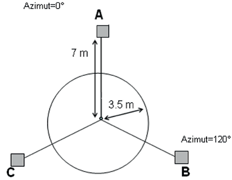 Esquema con el dise&ntilde;o del sitio de muestreo de combustibles forestales, mostrando longitud y orientaci&oacute;n de los transectos (A, B y C cuadros de 30 cm &times; 30 cm).