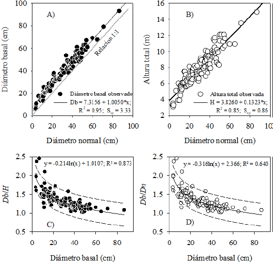 Relaciones: di&aacute;metro normal-di&aacute;metro basal (A), di&aacute;metro normal-altura total (B) e &iacute;ndices: di&aacute;metro basal-altura (C), di&aacute;metro basal-di&aacute;metro normal (D) de una muestra de &aacute;rboles de P. halepensis Mill. en la sierra de Zapalinam&eacute;, Coahuila, M&eacute;xico.