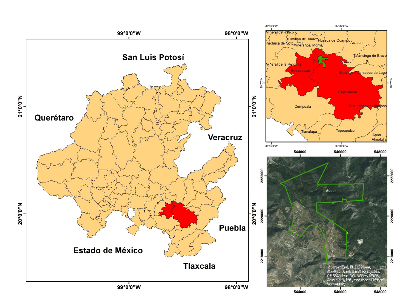 Localizaci&oacute;n del &aacute;rea de estudio, ejido Nopalillo, Epazoyucan, Hidalgo, M&eacute;xico
