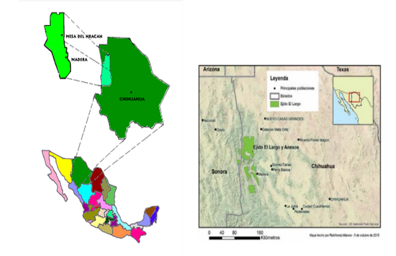 Ubicaci&oacute;n del Ejido el Largo y Anexos, Mpio. Madera, Chih. (Luj&aacute;n et al. 2011; Hodgdon y Estrada, 2015).