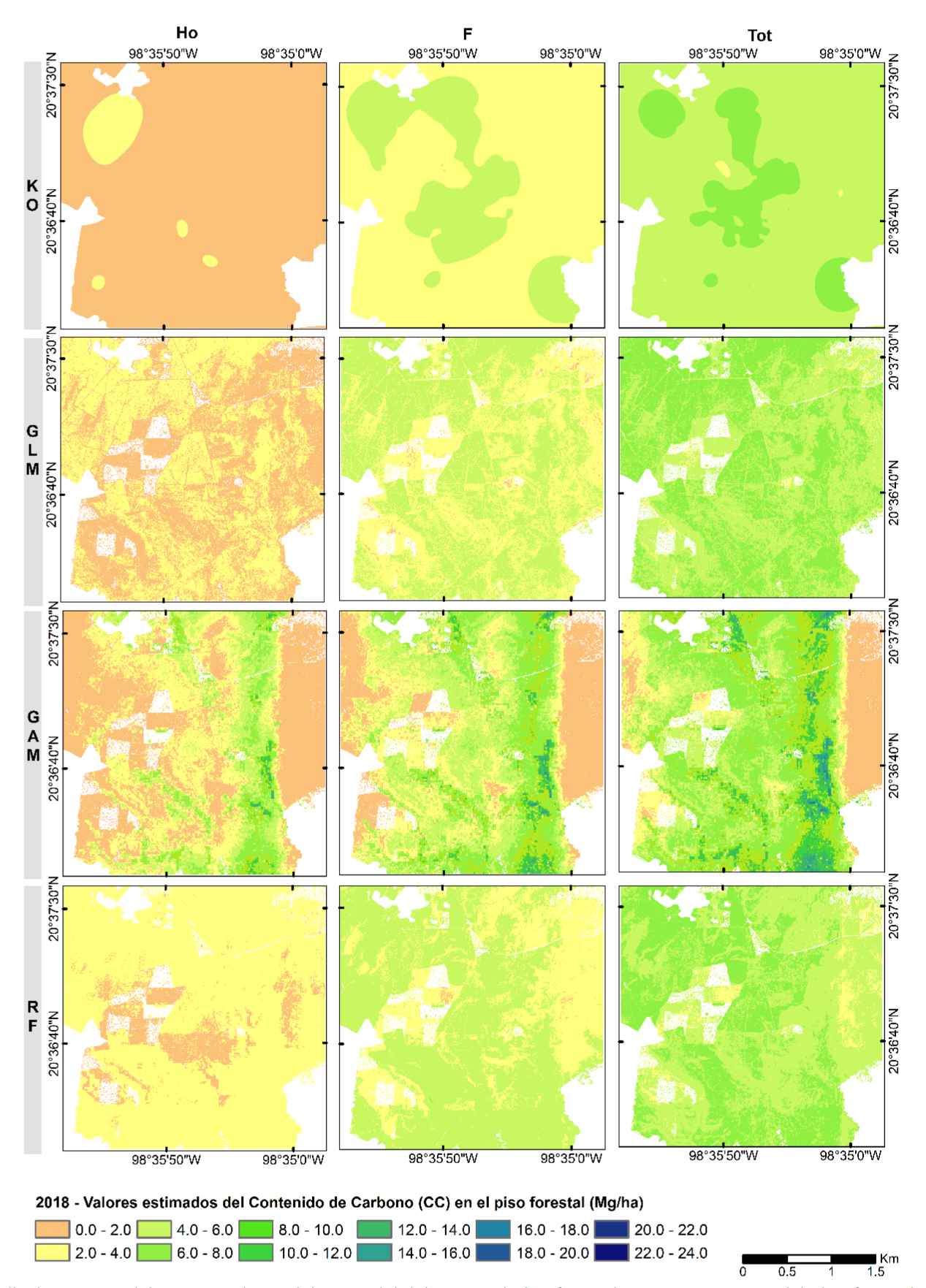 Predicciones espaciales para cada modelo espacial del CC en el piso forestal. A&ntilde;o 2018. Capas del piso forestal: Ho: hojarasca, F:fermentaci&oacute;n, Tot: Suma de Ho y F. Modelos espaciales: Kriging Ordinario (KO), Modelo Lineal Generalizado (GLM), Modelo Aditivo Generalizado (GAM) y RF (Random Forest). Color blanco: Asentamientos humanos (excluidos de an&aacute;lisis).