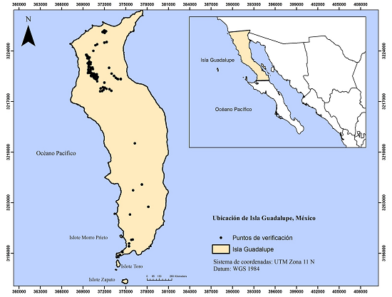 Ubicaci&oacute;n de Isla Guadalupe, M&eacute;xico y puntos de verificaci&oacute;n de
								coberturas de vegetaci&oacute;n.