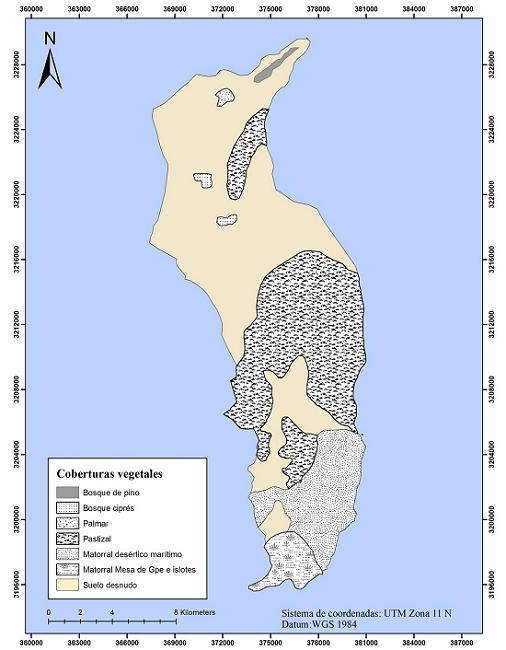 Distribuci&oacute;n de las principales coberturas vegetales de Isla
								Guadalupe, M&eacute;xico, en 2003. Mapa base de an&aacute;lisis modificado de
									Oberbauer (2005)
								.