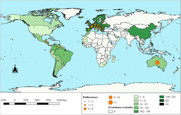 Número de publicaciones y ecosistemas evaluados por país bajo los protocolos de la Lista Roja de Ecosistemas de la Unión Internacional para la Conservación de la Naturaleza, 2010 a 2019.