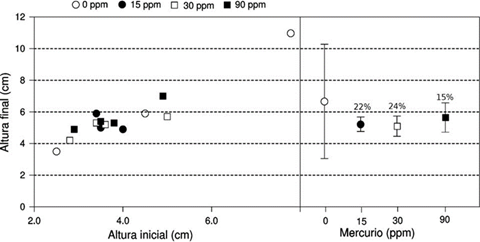 Relación entre biomasa de raíz de Juniperus deppeana y altura inicial y relación entre la biomasa de raíz y la concentración de mercurio.