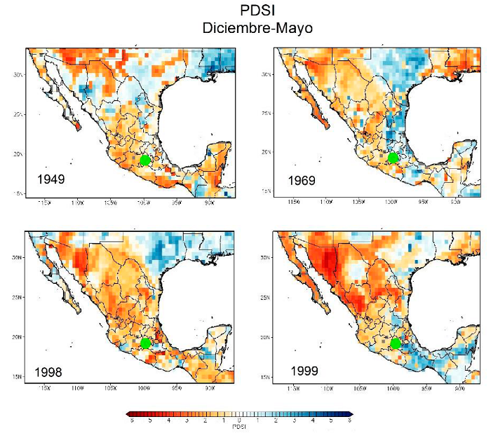 Mapas de sequías generados con el Atlas de sequías para México (Stahle et al., 2016). Condiciones de sequías en el centro de México y su coincidencia con los años más extremos de las sequías reconstruidas con anillos de crecimiento de P. hartwegii en el Nevado de Toluca (NET). 