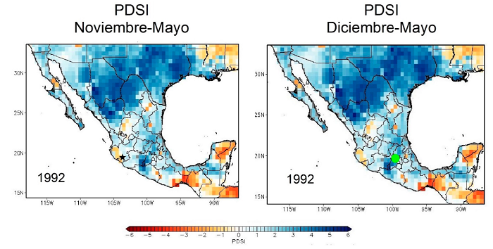 Mapas de humedad generados con el Atlas de Sequías para México (Stahle et al., 2016). Condiciones de humedad en el centro de México y su coincidencia con los años más húmedos extremos reconstruidos con anillos de crecimiento de P. hartwegii en el Nevado de Colima (NEC) y Nevado de Toluca (NET). 