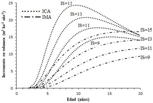 Incremento medio y corriente anual en volumen por índices de sitio para Pinus patula var. longepedunculata en San Mateo Río Hondo, Miahuatlán, Oaxaca.
