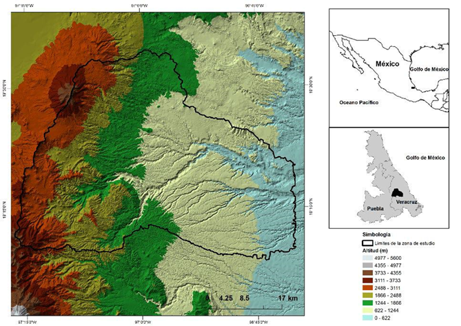 L&iacute;mites de la zona de estudio en la regi&oacute;n central de Veracruz, M&eacute;xico.