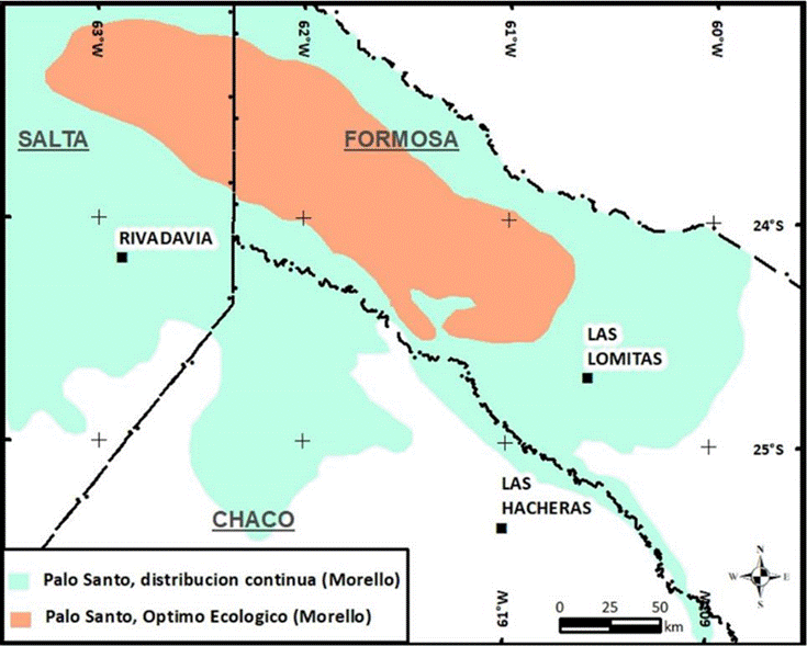 Ubicaci&oacute;n de las &aacute;reas definidas como distribuci&oacute;n ecol&oacute;gica &oacute;ptima y continua para Gonopterodendron sarmientoi en las provincias de Formosa, Chaco y Salta. 