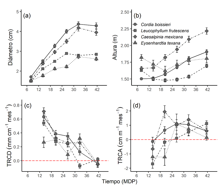 Crecimiento en di&aacute;metro y altura (a, b) y tasas relativas de crecimiento en di&aacute;metro y altura (c, d) de cuatro especies nativas del matorral espinoso tamaulipeco durante 41 meses despu&eacute;s de plantado (MDP).