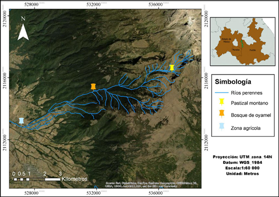 Ubicación de los sitios de estudio en la vertiente occidental del Parque Nacional Iztaccíhuatl Popocatépetl.