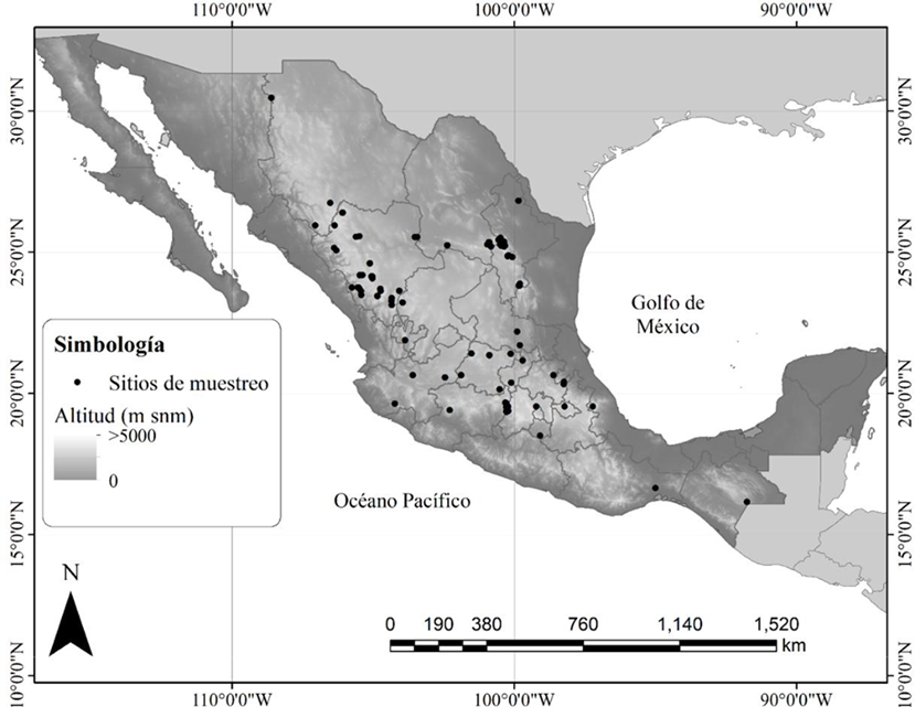 Localización de los sitios de muestreo de los estudios dendroclimáticos realizados en México analizados en el presente trabajo.