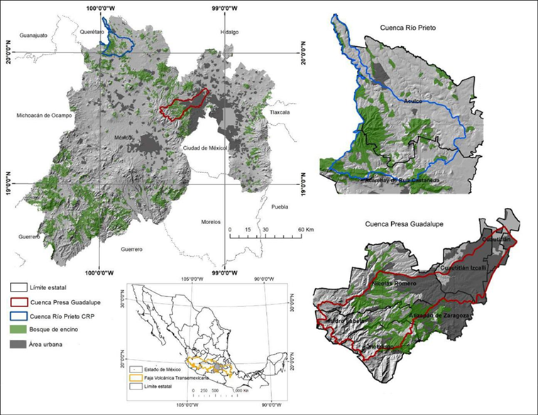 Distribuci&oacute;n de los bosques de encino en el Estado de M&eacute;xico y cuencas de estudio.