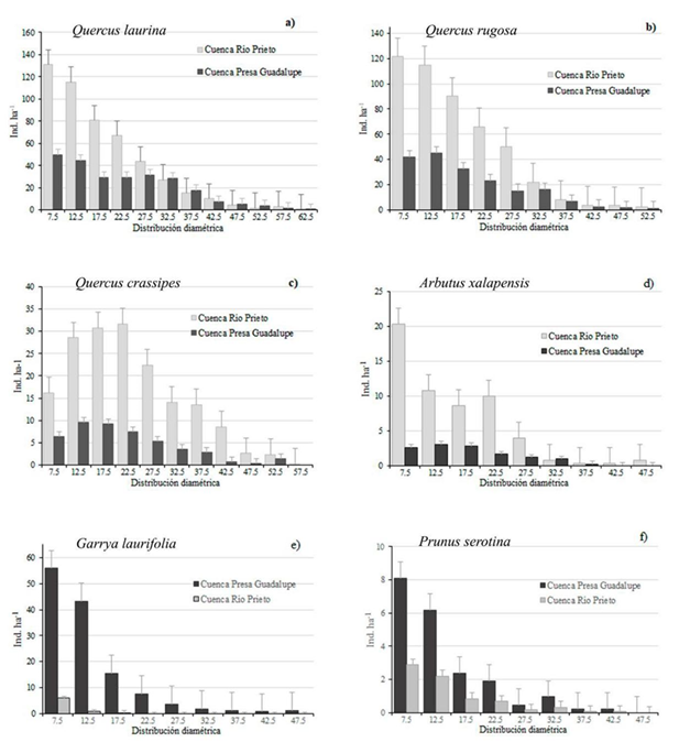 Comportamiento de las distribuciones diam&eacute;tricas de seis de las especies dominantes y codominantes presentes en ambos sitios.