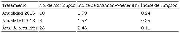 Índices de diversidad de morfotipos en los tres tratamientos evaluados en bosques de Pinus patula, en el Ejido Llano Grande, Municipio de Chignahuapan. 