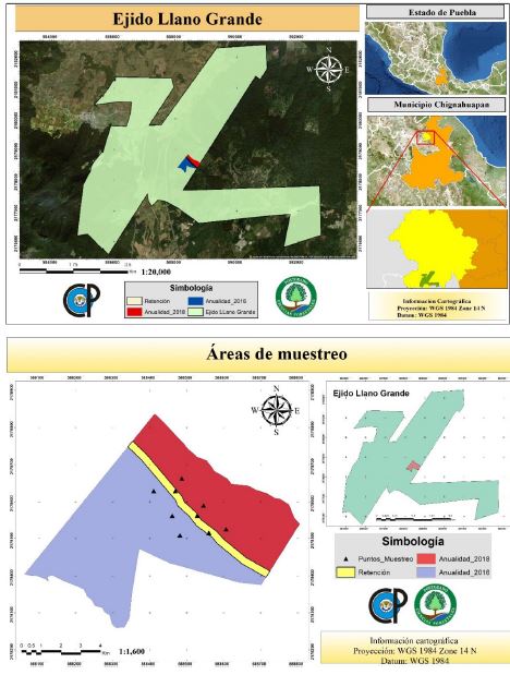 Localización del área de estudio del Ejido Llano Grande, Municipio de Chignahuapan, Puebla y zonas de recolecta.