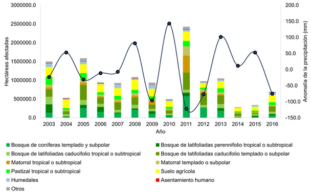 Hect&aacute;reas afectadas por incendios > 500 ha y anomal&iacute;a anual de precipitaci&oacute;n en M&eacute;xico para el periodo 2003-2016.