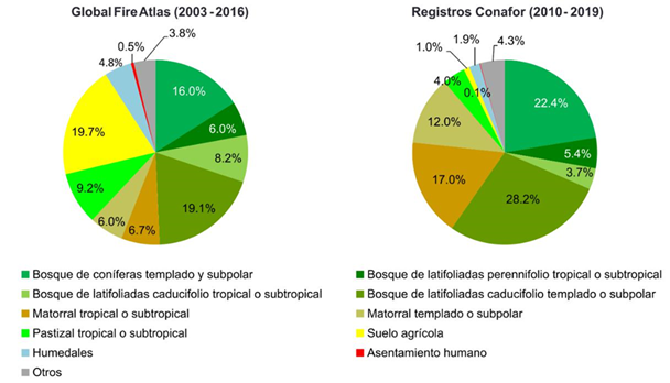 Tipos de vegetaci&oacute;n y otros usos de suelo afectados por incendios > 500 ha en M&eacute;xico.