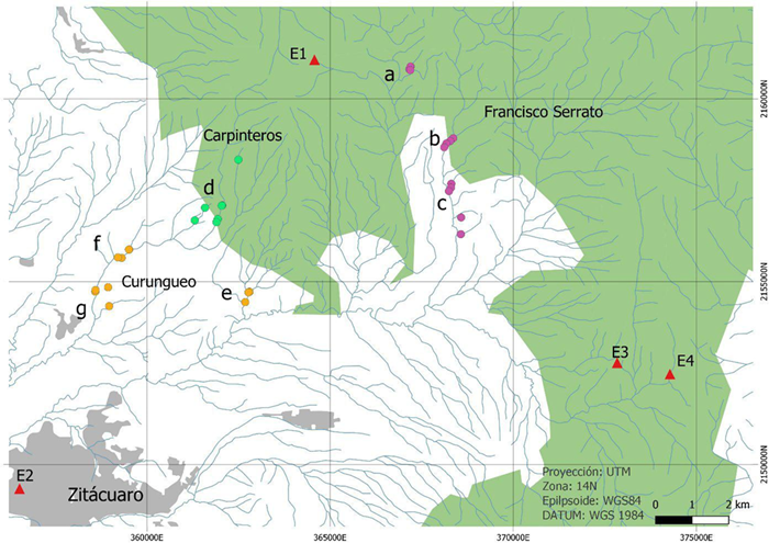 Ubicación de las redes (a - g) y sitios (círculos) en Francisco Serrato, Curungueo y Carpinteros.