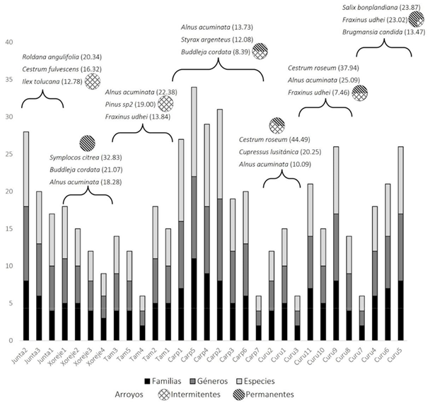 Familias, géneros y especies presentes en las riberas del río San Juan Zitácuaro.