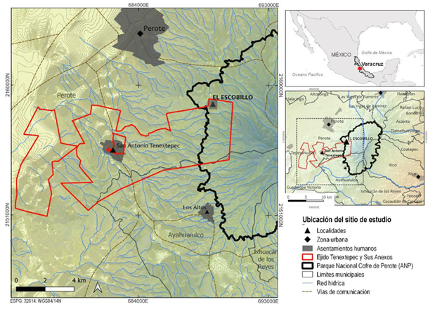 Ubicaci&oacute;n de El Escobillo, Veracruz, congregaci&oacute;n del ejido Tenextepec y Sus Anexos, Municipio de Perote Veracruz y el Parque Nacional Cofre de Perote.