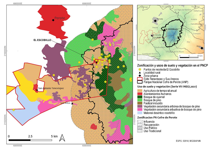 Sitios de recolecci&oacute;n, uso de suelo, vegetaci&oacute;n y zonificaci&oacute;n del Parque Nacional Cofre de Perote.