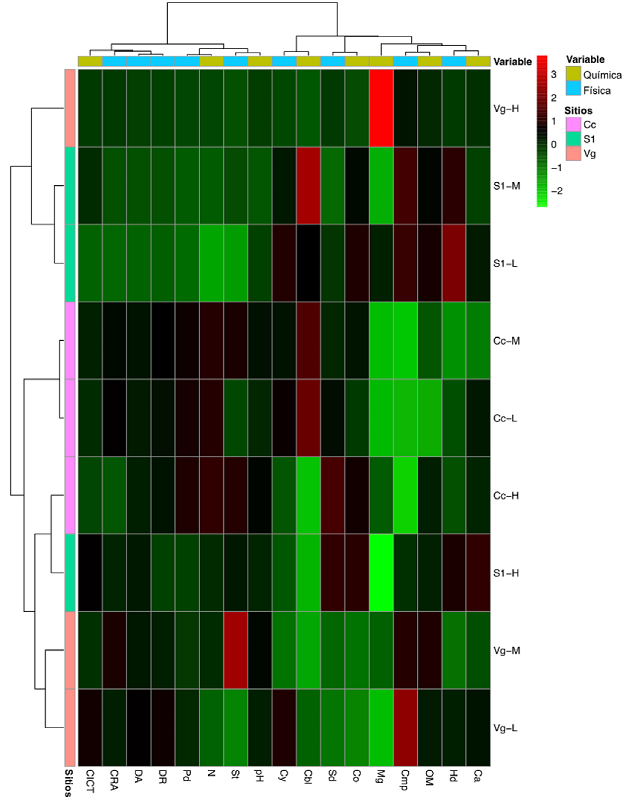Mapa de calor basado en el valor relativo de las propiedades fisicoqu&iacute;micas del suelo (en filas) de los sitios analizados (en columnas).