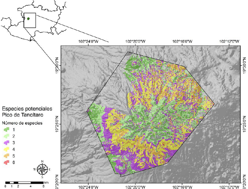 Distribuci&oacute;n espacial de la idoneidad ambiental potencial para la toma de datos dendrocronol&oacute;gicos de A. religiosa, P. devoniana, P. hartwegii, P. leiophylla, P. maximinoi, P. montezumae, P. pringlei, P. pseudostrobus y P. teocote en el Pico de Tanc&iacute;taro.