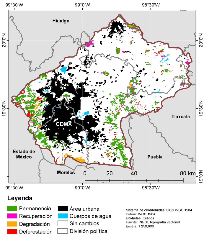 Áreas de permanencia, recuperación, degradación y deforestación en la Cuenca de México para el período 1993-2014.