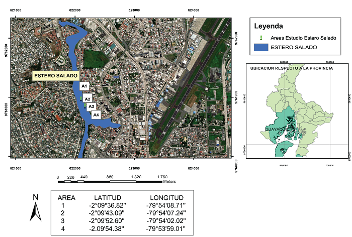 Ubicación geográfica de las áreas de estudio del Estero Salado de la ciudad de Guayaquil, provincia del Guayas.