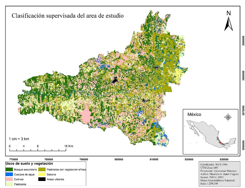 Mapa de la clasificaci&oacute;n supervisada de uso de suelo y vegetaci&oacute;n para el municipio de Tlalixcoyan Veracruz en el a&ntilde;o 2020, escala 1:250 000. 