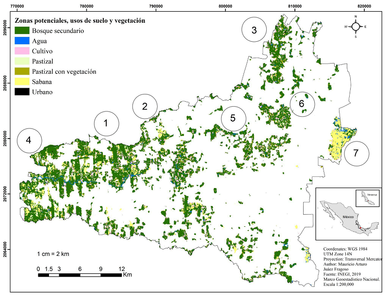 Zonas potenciales para la conservaci&oacute;n flor&iacute;stica de Tlalixcoyan, Veracruz, seleccionados a partir de las &aacute;reas mejor conectadas y 30% de la cobertura municipal.