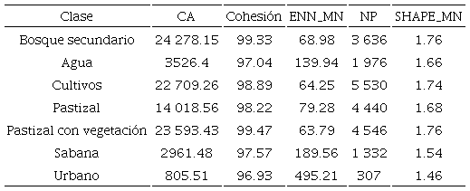 M&eacute;tricas de ecolog&iacute;a de paisaje para las diferentes clases de cobertura y uso de suelo del municipio de Tlalixcoyan, Ver. para el a&ntilde;o 2020. 